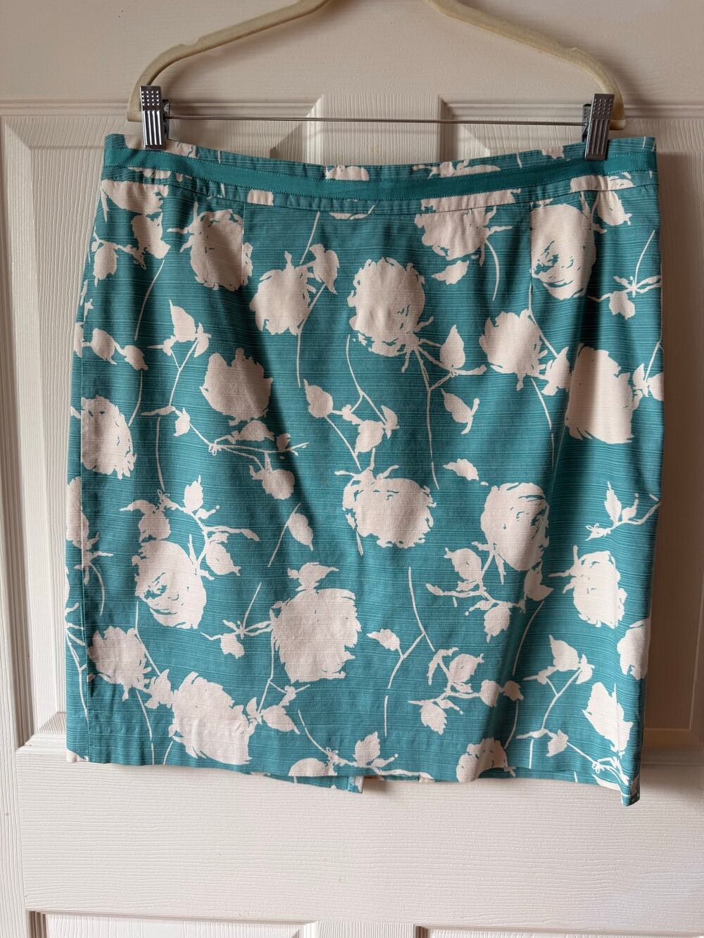 Boden Teal Floral Pencil Skirt Cotton Lined Size 14R Cottagecore Office Brunch